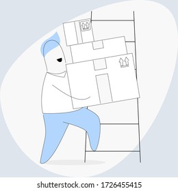 Hombre cargando una caja. Diseño web, banner, aplicación móvil, página de inicio, diseño plano vectorial