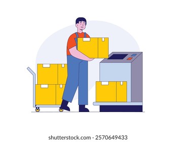 Man carrying boxes for weighing, shipping industry. Character design. Vector flat illustration