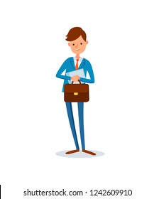 Man carrying briefcase, business activities of boss vector. Chief executive busy with work, leader reading paper pages, documentation and documents
