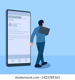 Man carrying briefcase passing cell phone with resignation email, metaphor for resignation. Simple flat conceptual illustration.