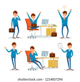 Man carrying briefcase talking on mobile phone vector. Chief executive and director discussing details on cell. Businessman with plan strategy on page