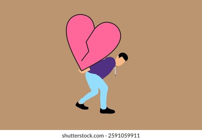 Man carrying a broken heart on his back breakup concept, broken heart illustration sad, grief, divorce concept