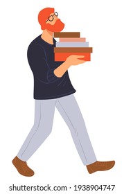 Hombre cargando un montón de libros para estudiar en clases en la universidad o en la escuela. Caracter masculino de barba con gafas preparándose para los exámenes o leyendo para divertirse durante el tiempo libre. Vector de estilo plano