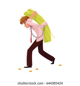 Man carrying bundle of banknotes on his back, money dependence, cartoon vector illustration isolated on white background. Man chained to bundle of banknotes he carries on back, financial dependence