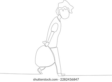 A man carrying a bundle of clothes. Refugee one-line drawing