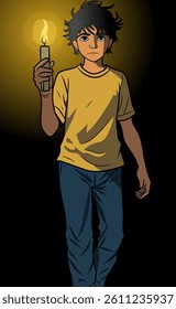 A man carrying a candle in the dark. Vector Design Illustration