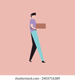 Man carrying cardboard box. Flat vector illustration isolated on pink background.