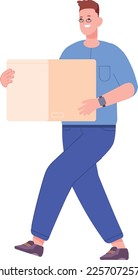 Man carrying cardboard box. Person hold parcel isolated on white background