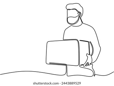 man carrying a cardboard box. World humanitarian day one-line drawing
