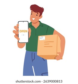 Man carrying cardboard parcel box showing smartphone white screen with open text cartoon scene. Young guy using automated postal self service for express package delivery vector illustration