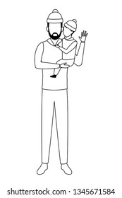 man carrying a child black and white