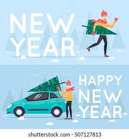 Man Carrying A Christmas Tree, Binds Man To Spruce Cars. Merry Christmas And Happy New Year. Xmas Poster, Banner, Printed Matter, Greeting Card. Flat Design Vector Illustration.