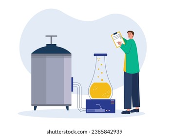 A man carrying a clipboard with visible beakers and a large machine in operation, developing a reaseacrh formula. Character design. Vector flat illustration
