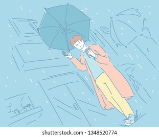 Un hombre lleva café en una mano y un paraguas en otra. Ilustración de estilo azul pastel con un diseño de tono suave. ilustraciones de diseño vectorial de estilo dibujado a mano. 