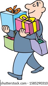 man carrying colors gift boxes
