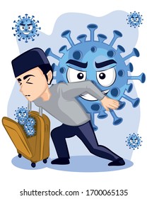 A man carrying corona virus while going to hometown blue background vector illustration. "I can not go anywhere, but I can follow wherever you go". Please stay home. #StayatHome #StayHome