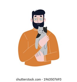 A man carrying a cute cat. A man hugging a cat. Flat vector illustration.