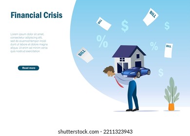 Man carrying debt collection expenses on back. Financial crisis, cost of living, bill expense payment and debt consolidation.