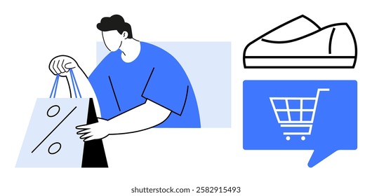 Man carrying discounts shopping bags, speech bubble with shopping cart, and outline of a shoe. Ideal for online shopping promotions, retail sales, digital marketing, e-commerce platforms, discount