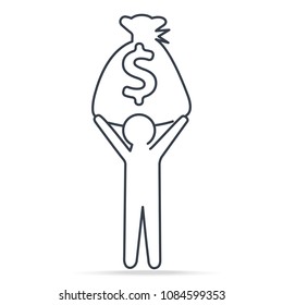Man carrying Dollar currency in bag money, simple line icon illustration