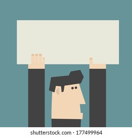 Man carrying empty banner. Vector illustration.