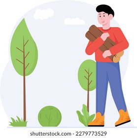 Man Carrying Firewood For Camping Illustration