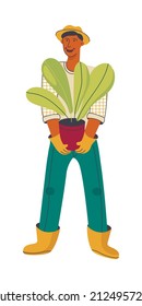 Man carrying flower pot, cultivating plants, agriculture gardener hobby and garden job. Flat vector illustration
