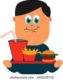 A man carrying a food tray full of burger, french fries and a drink , vector, color drawing or illustration.
