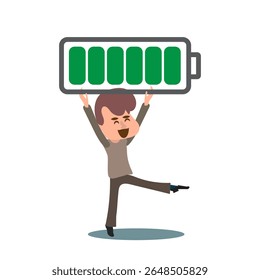 man carrying full rechargeable battery. Full battery recharge concept, positive energy, having motivation to work.