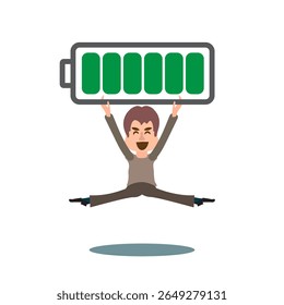 man carrying full rechargeable battery. Full battery recharge concept, positive energy, having motivation to work.