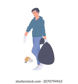 Man carrying full trash bag, flat vector illustration isolated on white background. Person busy cleaning a park or garden, volunteering to make city space clean.