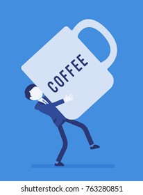 Man carrying a giant coffee mug. Happy to get short period for rest, refreshments after job, positive effect for better work performance. Vector business concept illustration with faceless character