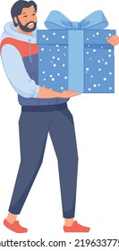 Man carrying giant gift box. Guy holding present isolated on white background