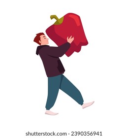 Man carrying a giant pepper flat vector illustration isolated on white background. Character for Vegan label and vegetarian food products, pepper packs design.