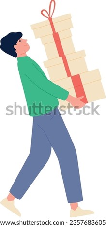 Man carrying gift box stack. Sale shopping