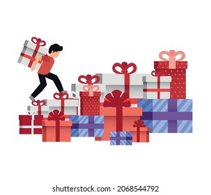 Mann mit Geschenkverpackung in Pfählen großer Geschenkbox. Weihnachten, Geburtstag, Valentinstag, Geschenkkonzept.
