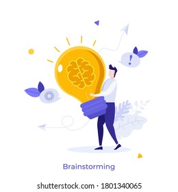 Man carrying glowing lightbulb with brain inside. Concept of brainstorming, power of intelligence, creative thinking, innovative idea generation. Modern flat colorful vector illustration for banner.