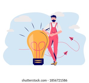 Man carrying glowing lightbulb with brain inside. Concept of brainstorming, power of intelligence, creative thinking, innovative idea generation. Modern flat colorful vector illustration for banner.