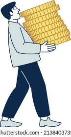 Man carrying golden coin stack. Person with money