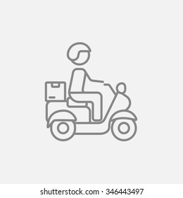 Man carrying goods on bike line icon for web, mobile and infographics. Vector dark grey icon isolated on light grey background.