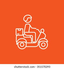 Man carrying goods on bike line icon for web, mobile and infographics. Vector white icon isolated on red background.