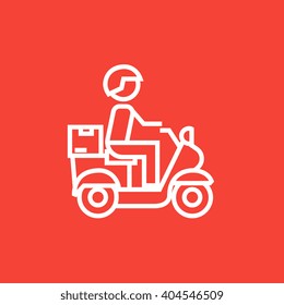Man carrying goods on bike line icon.