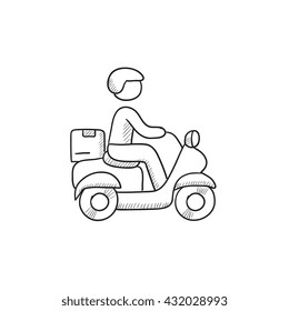 Man carrying goods on bike vector sketch icon isolated on background. Hand drawn Man carrying goods on bike icon. Man carrying goods on bike sketch icon for infographic, website or app.