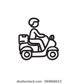 Man carrying goods on bike vector sketch icon isolated on background. Hand drawn Man carrying goods on bike icon. Man carrying goods on bike sketch icon for infographic, website or app.