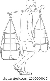 Homem que carrega mercadorias em seu ombro., mão desenhada em estilo de linha fina