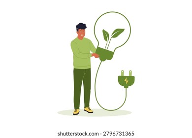 Man Carrying Green Sprout Lightbulb Concept. A happy young man carrying a large green lightbulb growing a fresh plant sprout inside, symbolizing green energy solution