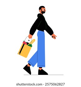Man Carrying Grocery Bag In Flat Vector Illustration Symbolizing Shopping, Daily Errands, And Healthy Living, Isolated On White Background