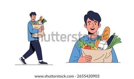 Man carrying grocery bag full of fresh produce healthy eating and lifestyle concept
