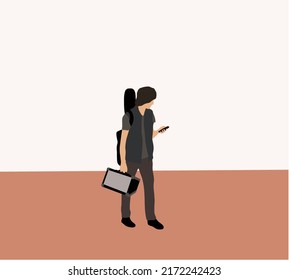 Man Carrying Guitar Case And Speaker Using Smart Phone Walking With Musical Instrument Outdoors. On Street. Guitarist Concept.