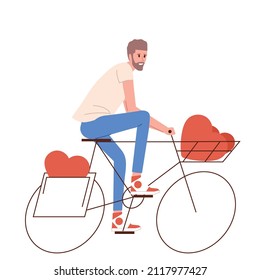 
a man carrying a heart shape on a bicycle, a man delivering a heart shape, valentine's day concept, a man riding a bicycle. isolated on white background